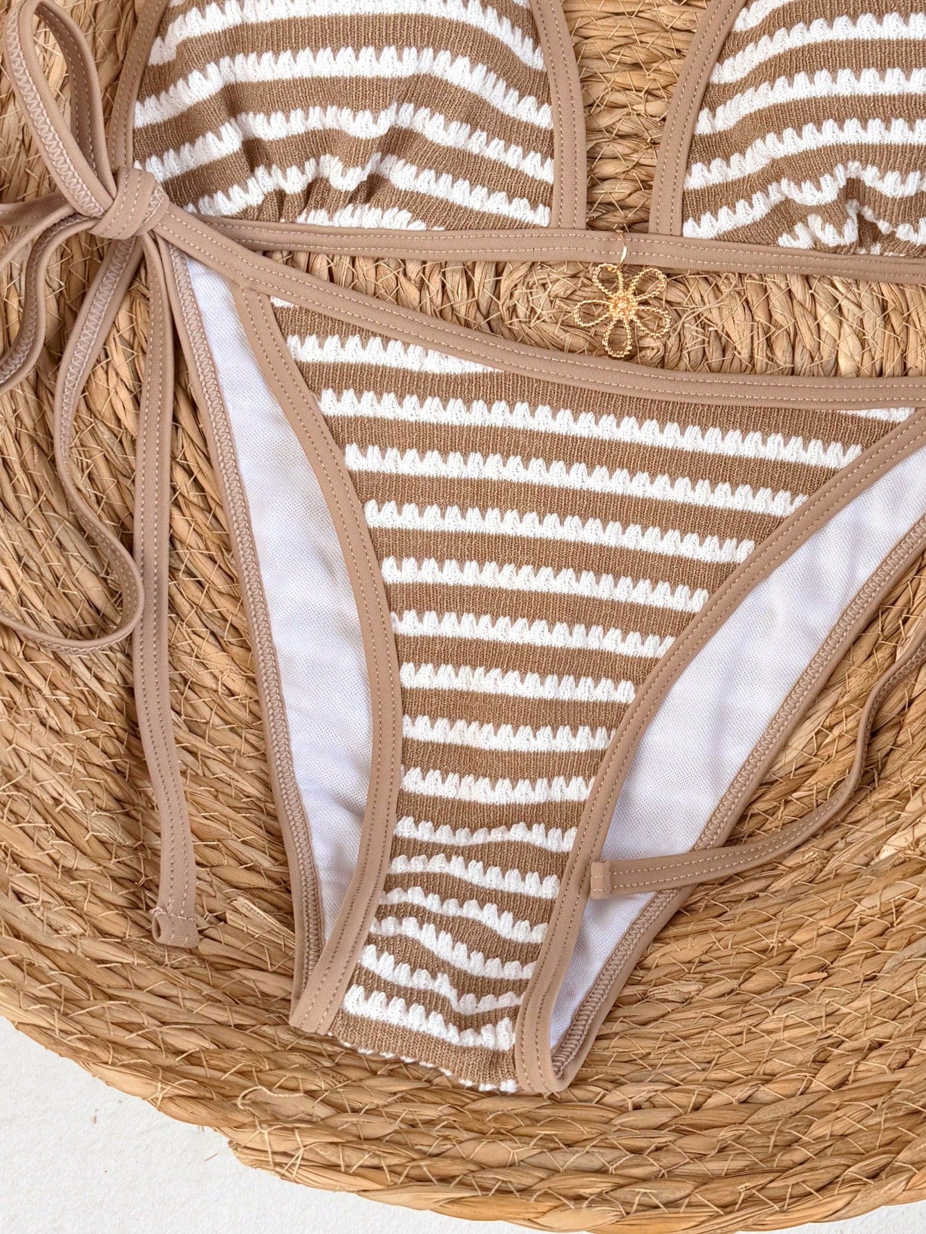 Swim Vcay 2026 Spring/Summer Women's 2-Piece Bikini Swimwear Set, Spaghetti Strap Khaki Striped Triangle Top, Flower Pendant, High-Cut Side Tie Thong Bottom