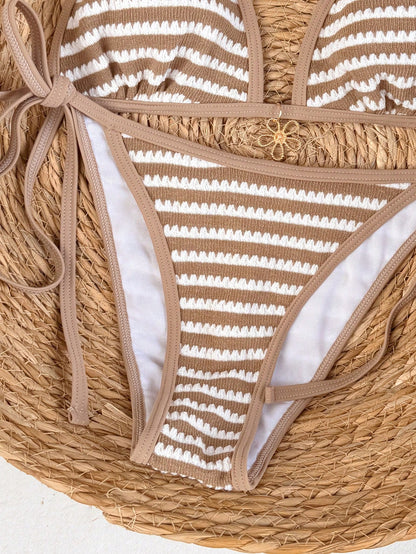 Swim Vcay 2026 Spring/Summer Women's 2-Piece Bikini Swimwear Set, Spaghetti Strap Khaki Striped Triangle Top, Flower Pendant, High-Cut Side Tie Thong Bottom