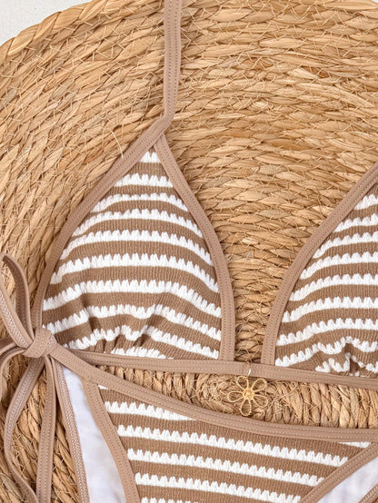 Swim Vcay 2026 Spring/Summer Women's 2-Piece Bikini Swimwear Set, Spaghetti Strap Khaki Striped Triangle Top, Flower Pendant, High-Cut Side Tie Thong Bottom