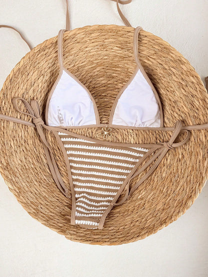 Swim Vcay 2026 Spring/Summer Women's 2-Piece Bikini Swimwear Set, Spaghetti Strap Khaki Striped Triangle Top, Flower Pendant, High-Cut Side Tie Thong Bottom