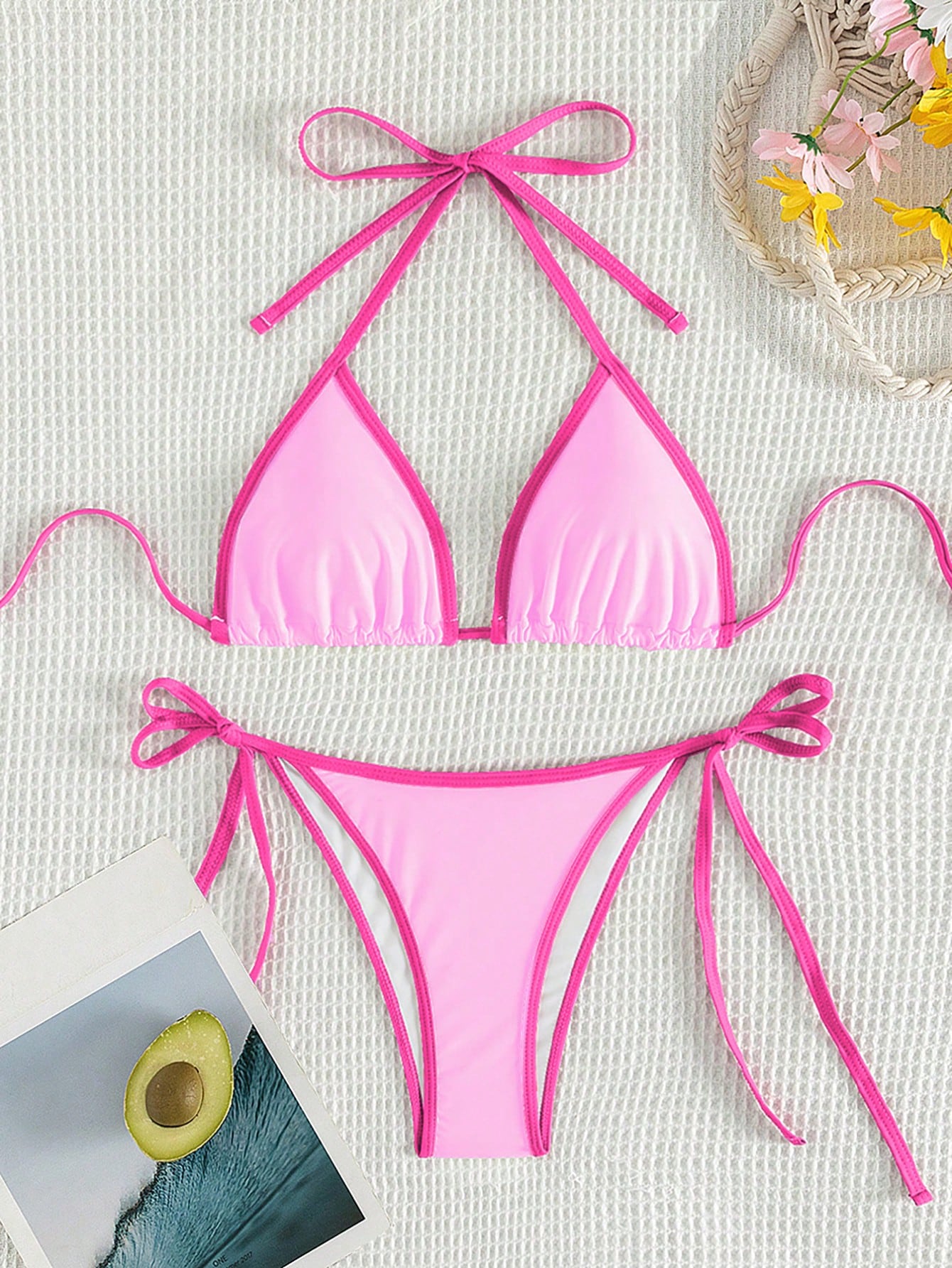 Swim Vcay 2026 Spring/Summer Women's 2-Piece Bikini Swimwear Set, Spaghetti Strap Khaki Striped Triangle Top, Flower Pendant, High-Cut Side Tie Thong Bottom