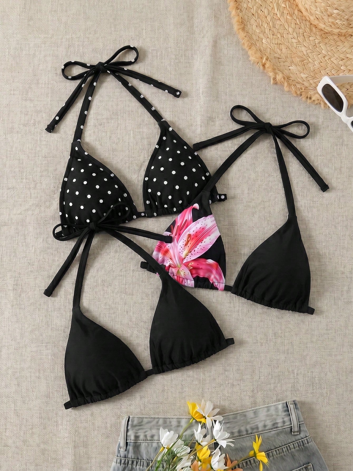 Swim Vcay 2026 Summer New Sexy Bikini Black Polka Dot Floral Print 3-Piece Swimwear Top, Plus Size