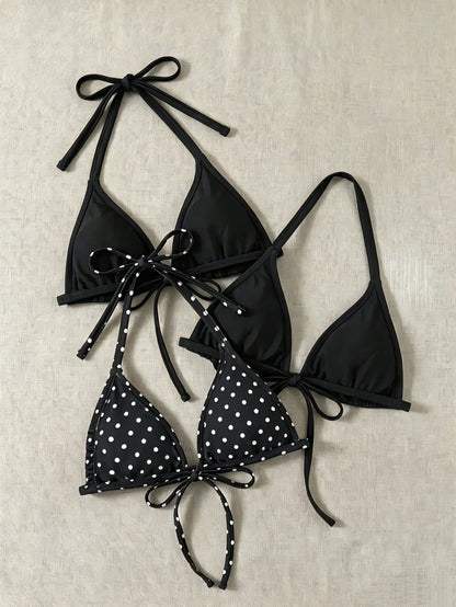 Swim Vcay 2026 Summer New Sexy Bikini Black Polka Dot Floral Print 3-Piece Swimwear Top, Plus Size