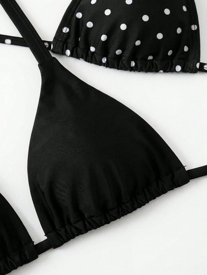Swim Vcay 2026 Summer New Sexy Bikini Black Polka Dot Floral Print 3-Piece Swimwear Top, Plus Size