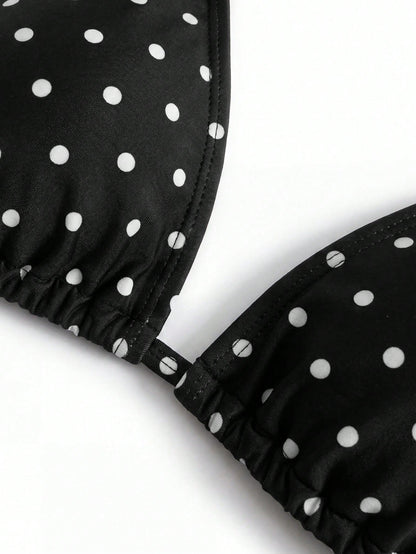 Swim Vcay 2026 Summer New Sexy Bikini Black Polka Dot Floral Print 3-Piece Swimwear Top, Plus Size