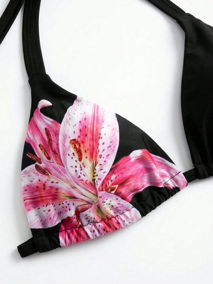 Swim Vcay 2026 Summer New Sexy Bikini Black Polka Dot Floral Print 3-Piece Swimwear Top, Plus Size