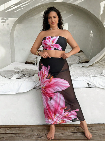 Swim Vcay 3-Piece Plus Size Swimwear Set With Leopard Print & Tropical Floral Design For Summer Beach Vacation