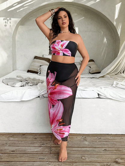 Swim Vcay 3-Piece Plus Size Swimwear Set With Leopard Print & Tropical Floral Design For Summer Beach Vacation