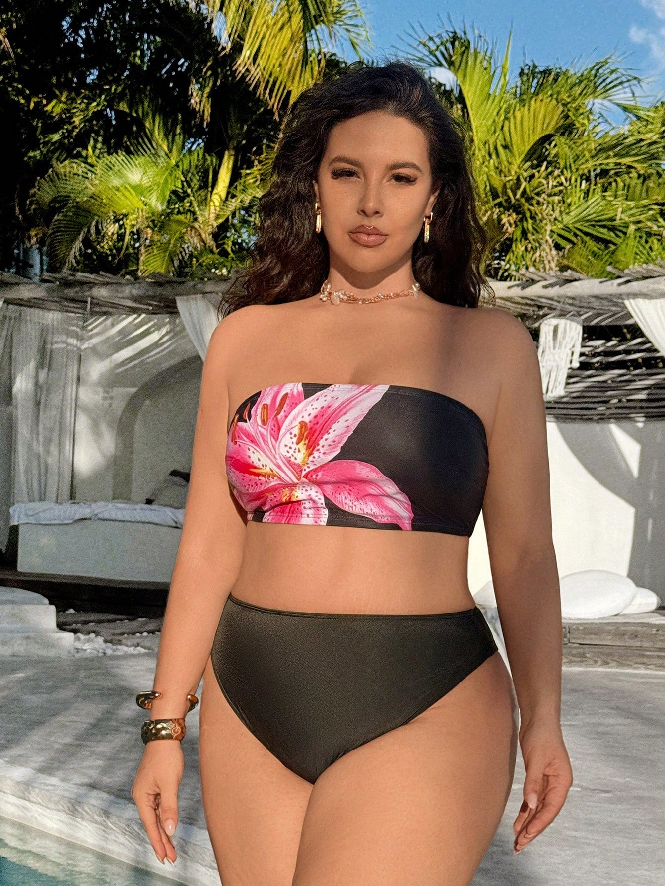 Swim Vcay 3-Piece Plus Size Swimwear Set With Leopard Print & Tropical Floral Design For Summer Beach Vacation