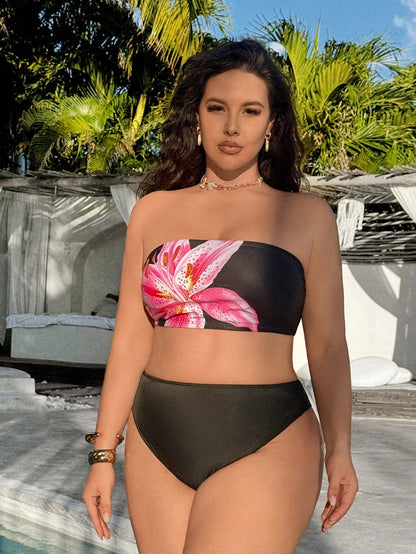 Swim Vcay 3-Piece Plus Size Swimwear Set With Leopard Print & Tropical Floral Design For Summer Beach Vacation