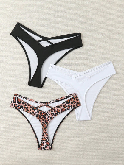 Swim Vcay 3pcs Plus Size Women's Bikini Bottom, Random Print Criss-Cross Back Thong Bikini Bottoms, Casual Beach Summer