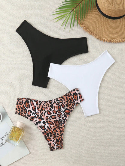 Swim Vcay 3pcs Plus Size Women's Bikini Bottom, Random Print Criss-Cross Back Thong Bikini Bottoms, Casual Beach Summer