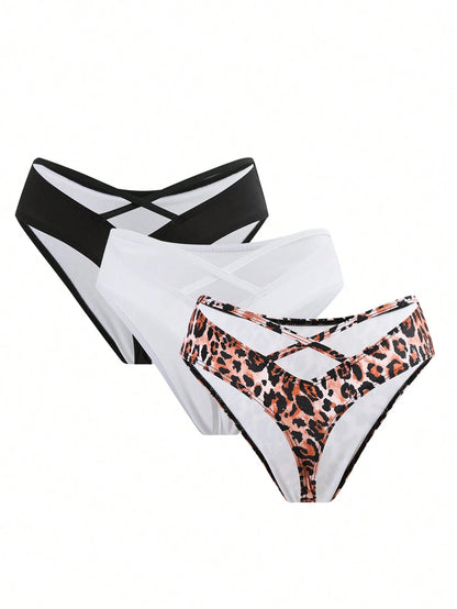 Swim Vcay 3pcs Plus Size Women's Bikini Bottom, Random Print Criss-Cross Back Thong Bikini Bottoms, Casual Beach Summer