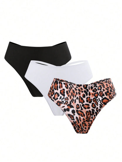 Swim Vcay 3pcs Plus Size Women's Bikini Bottom, Random Print Criss-Cross Back Thong Bikini Bottoms, Casual Beach Summer