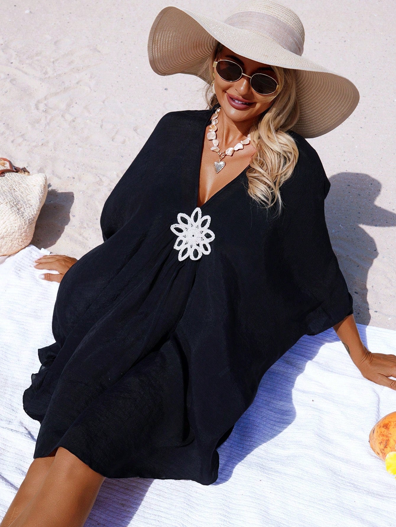 Swim Vcay Beach Holiday Spring/Summer Swimsuit Cover-Up, V-Neck Floral Embroidery Loose Style
