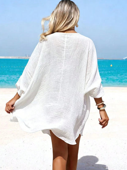 Swim Vcay Beach Holiday Spring/Summer Swimsuit Cover-Up, V-Neck Floral Embroidery Loose Style