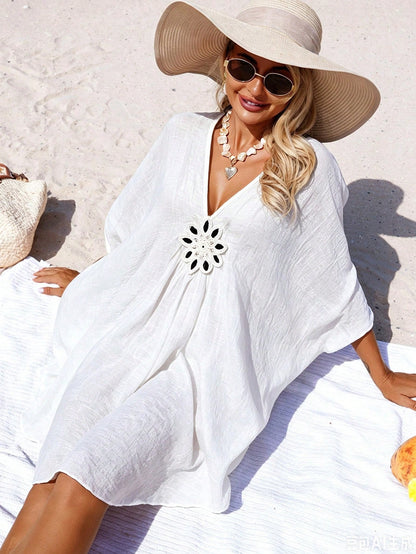 Swim Vcay Beach Holiday Spring/Summer Swimsuit Cover-Up, V-Neck Floral Embroidery Loose Style