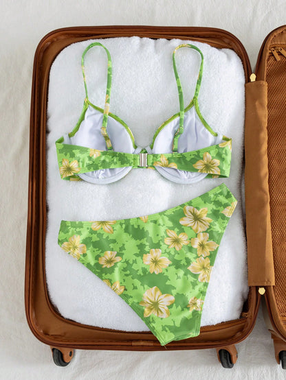 Swim Vcay Floral Print Ruched Halter Bikini Set, Sexy Summer Vacation