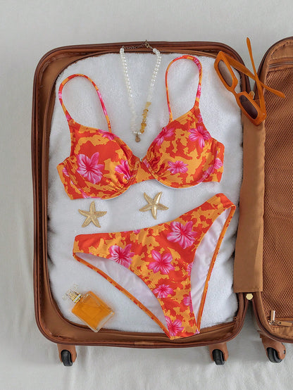 Swim Vcay Floral Print Ruched Halter Bikini Set, Sexy Summer Vacation