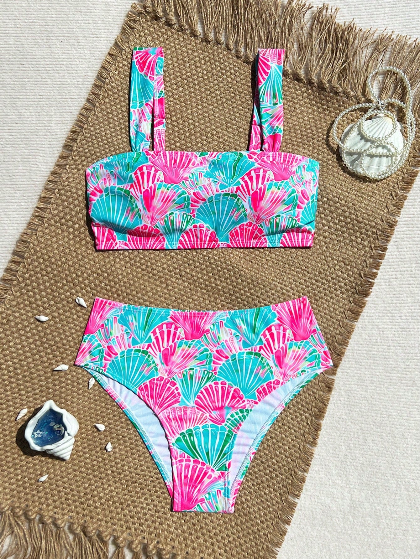 Swim Vcay Hot Pink Shell Decor High Waist Bikini Set With Shoulder Straps, Women Beach Vacation Holiday Swimwear Summer Sequin Tropical