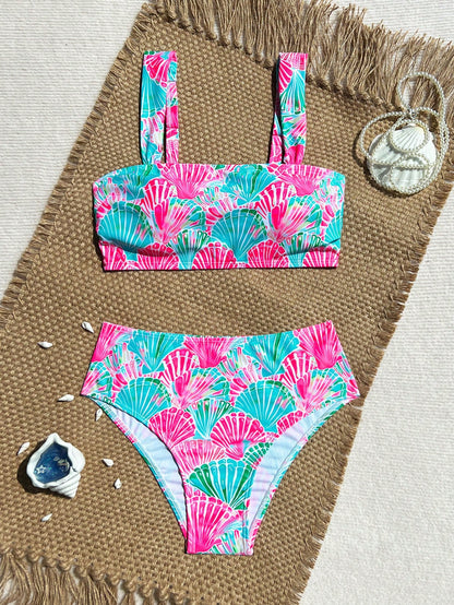Swim Vcay Hot Pink Shell Decor High Waist Bikini Set With Shoulder Straps, Women Beach Vacation Holiday Swimwear Summer Sequin Tropical