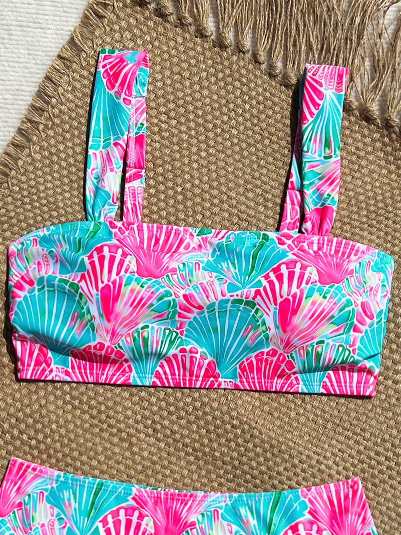 Swim Vcay Hot Pink Shell Decor High Waist Bikini Set With Shoulder Straps, Women Beach Vacation Holiday Swimwear Summer Sequin Tropical