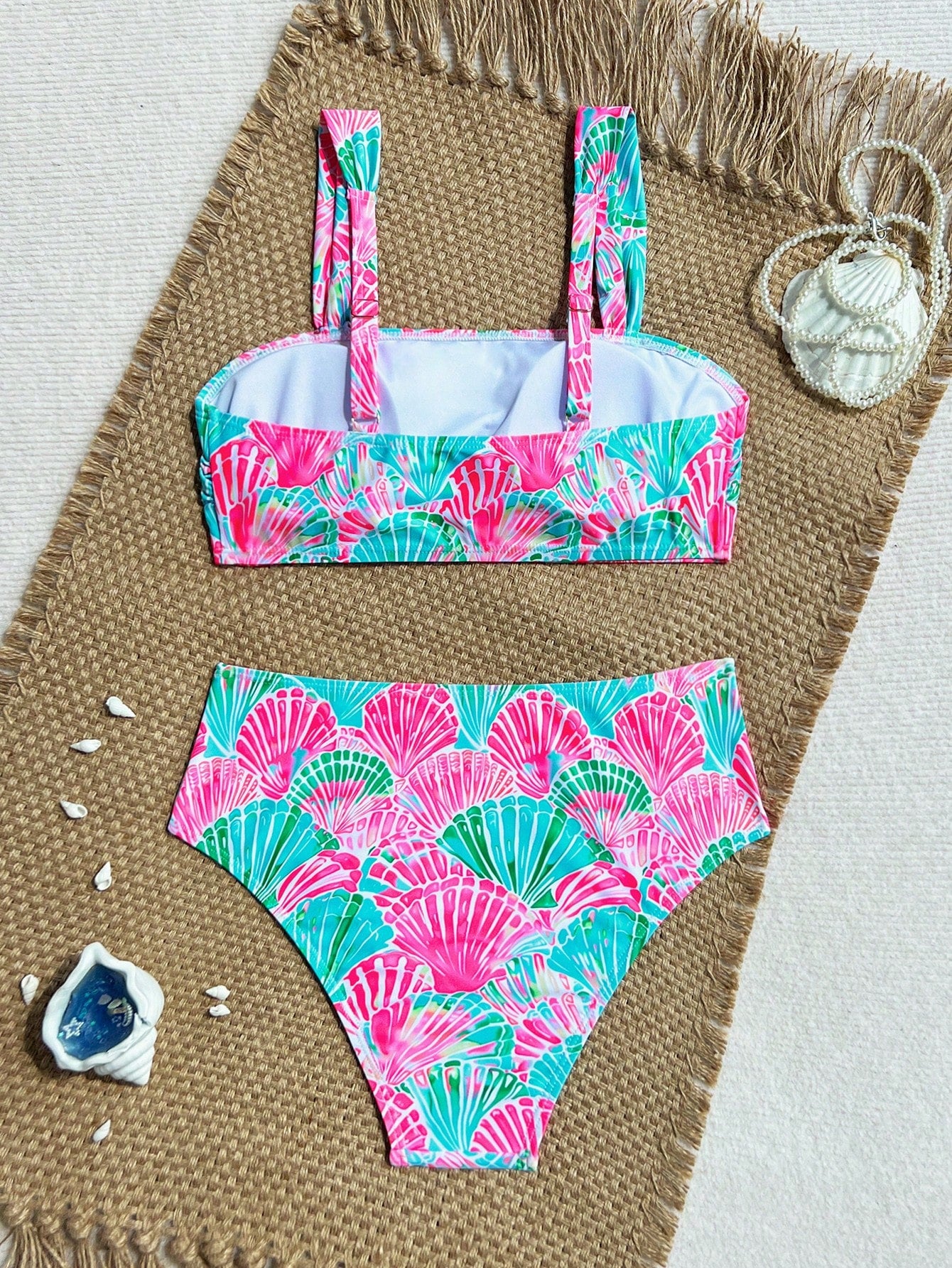 Swim Vcay Hot Pink Shell Decor High Waist Bikini Set With Shoulder Straps, Women Beach Vacation Holiday Swimwear Summer Sequin Tropical