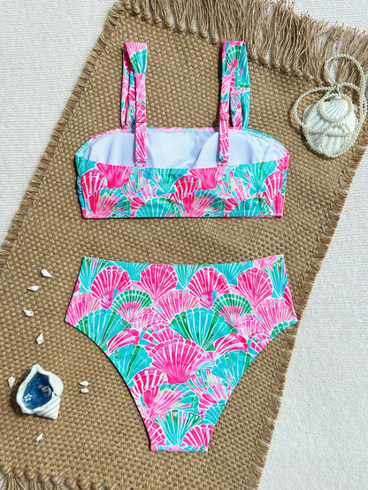 Swim Vcay Hot Pink Shell Decor High Waist Bikini Set With Shoulder Straps, Women Beach Vacation Holiday Swimwear Summer Sequin Tropical