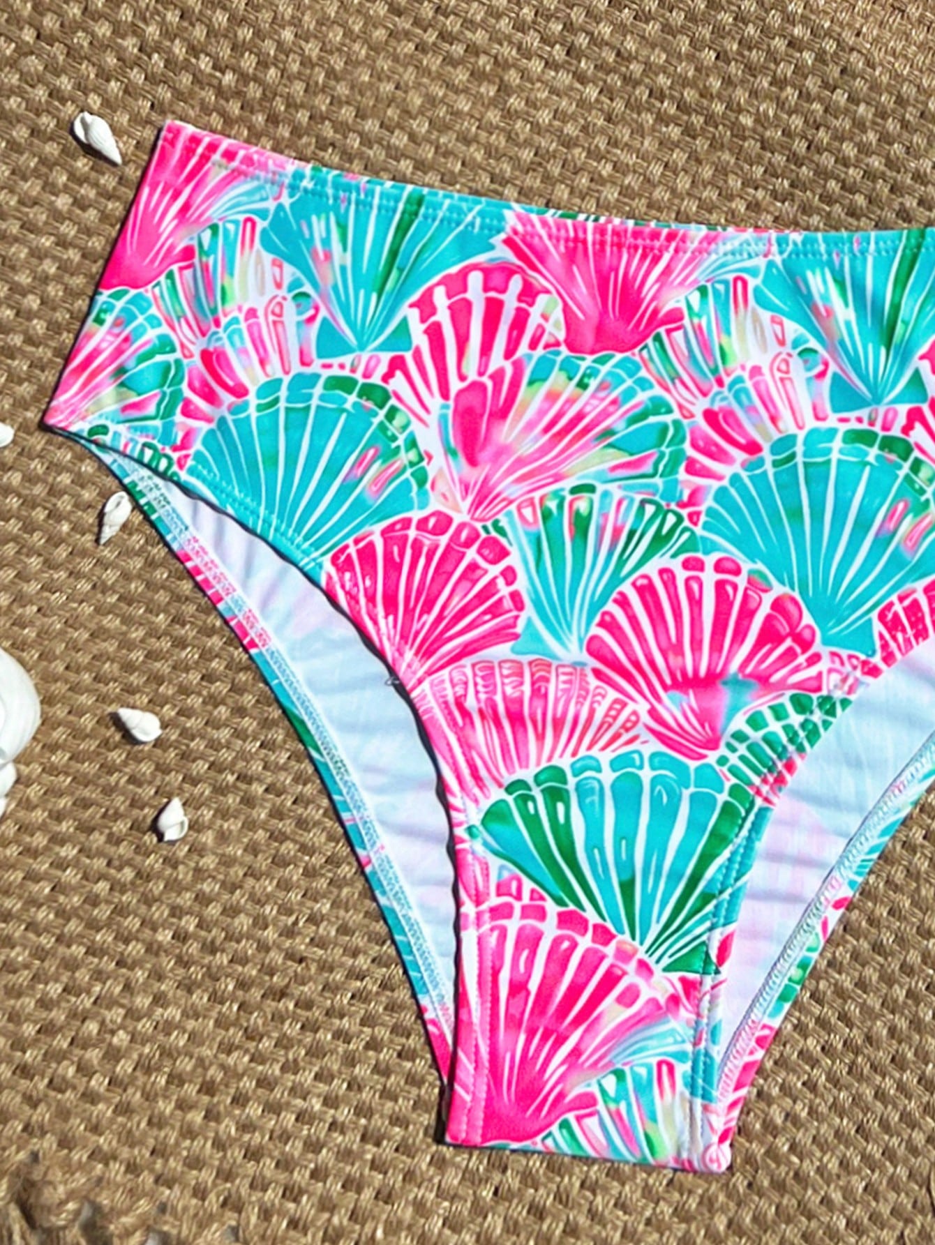 Swim Vcay Hot Pink Shell Decor High Waist Bikini Set With Shoulder Straps, Women Beach Vacation Holiday Swimwear Summer Sequin Tropical