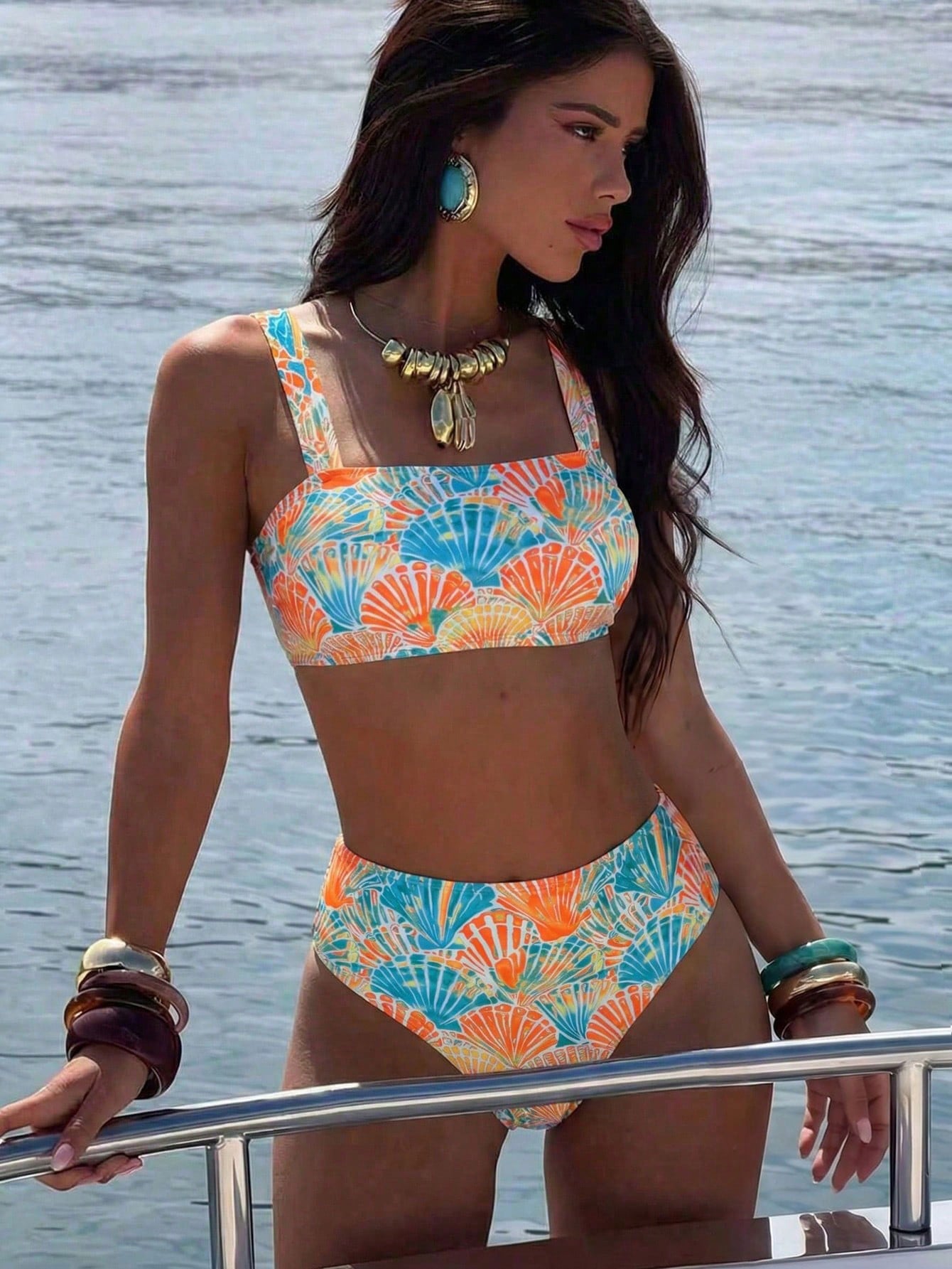 Swim Vcay Hot Pink Shell Decor High Waist Bikini Set With Shoulder Straps, Women Beach Vacation Holiday Swimwear Summer Sequin Tropical