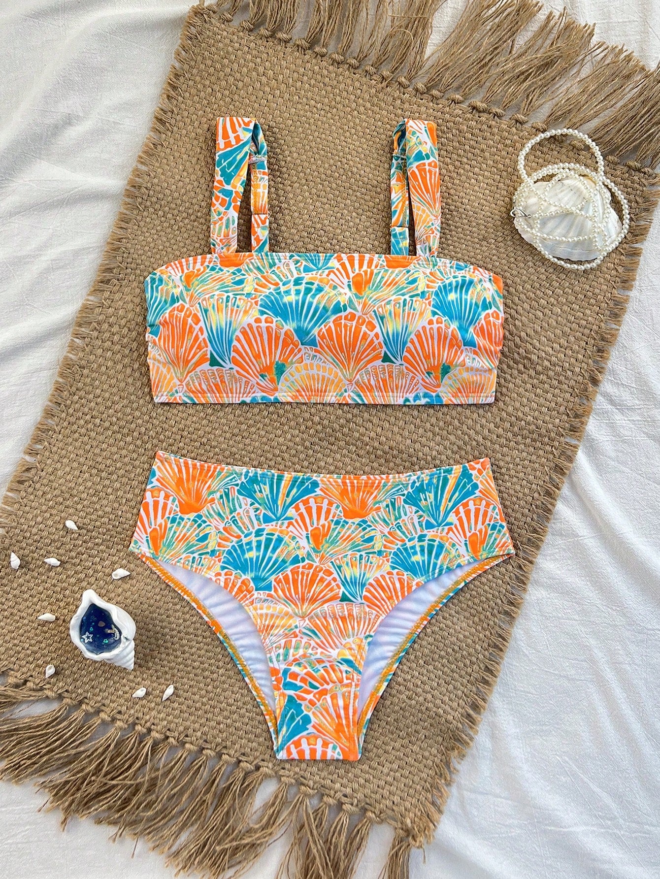 Swim Vcay Hot Pink Shell Decor High Waist Bikini Set With Shoulder Straps, Women Beach Vacation Holiday Swimwear Summer Sequin Tropical
