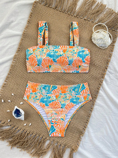 Swim Vcay Hot Pink Shell Decor High Waist Bikini Set With Shoulder Straps, Women Beach Vacation Holiday Swimwear Summer Sequin Tropical