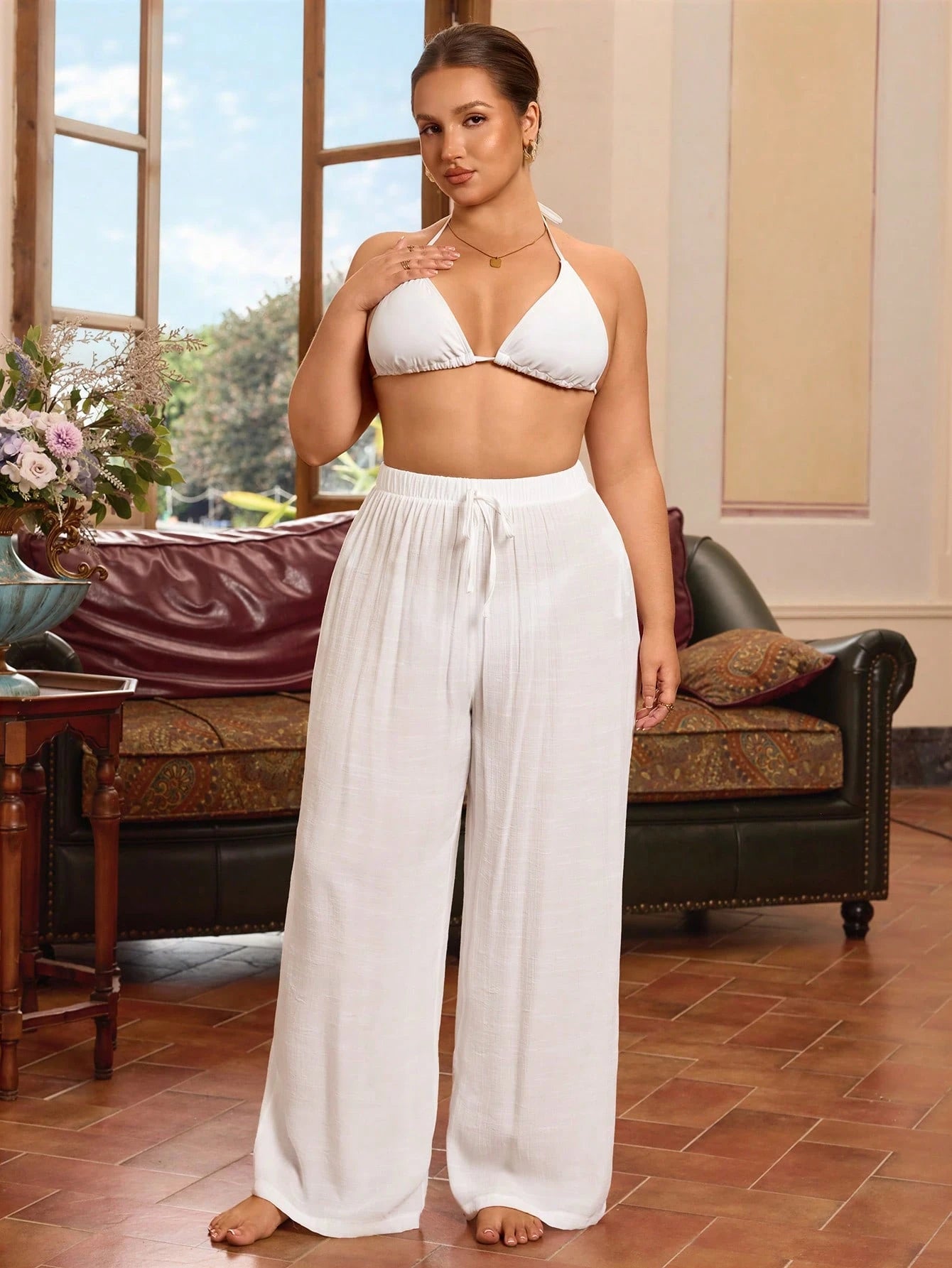 Swim Vcay Plus Size Casual Drawstring Solid White Cover Up Pants For Summer Beach Vacation