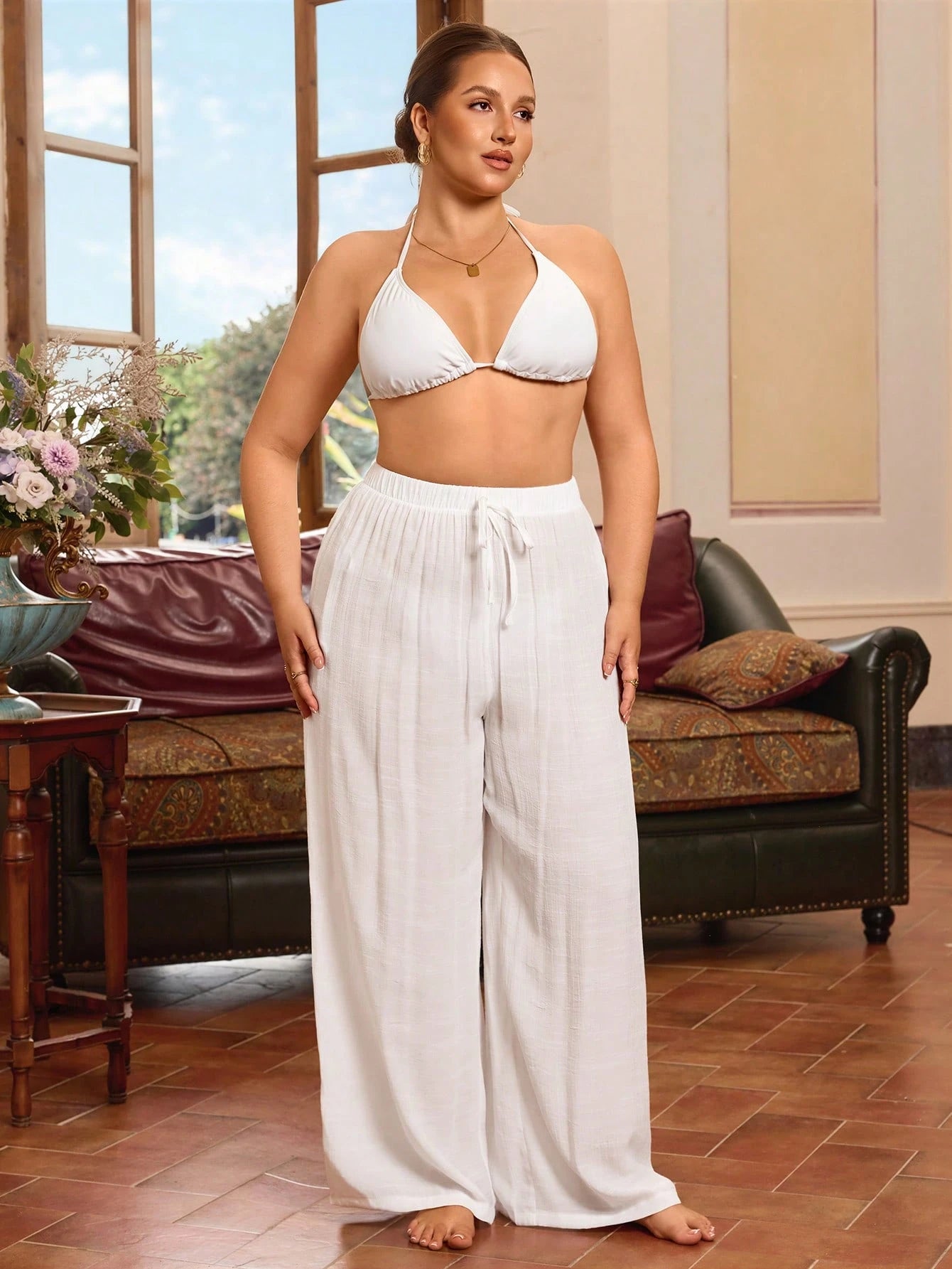 Swim Vcay Plus Size Casual Drawstring Solid White Cover Up Pants For Summer Beach Vacation