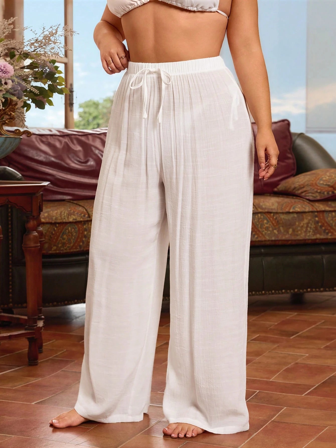 Swim Vcay Plus Size Casual Drawstring Solid White Cover Up Pants For Summer Beach Vacation