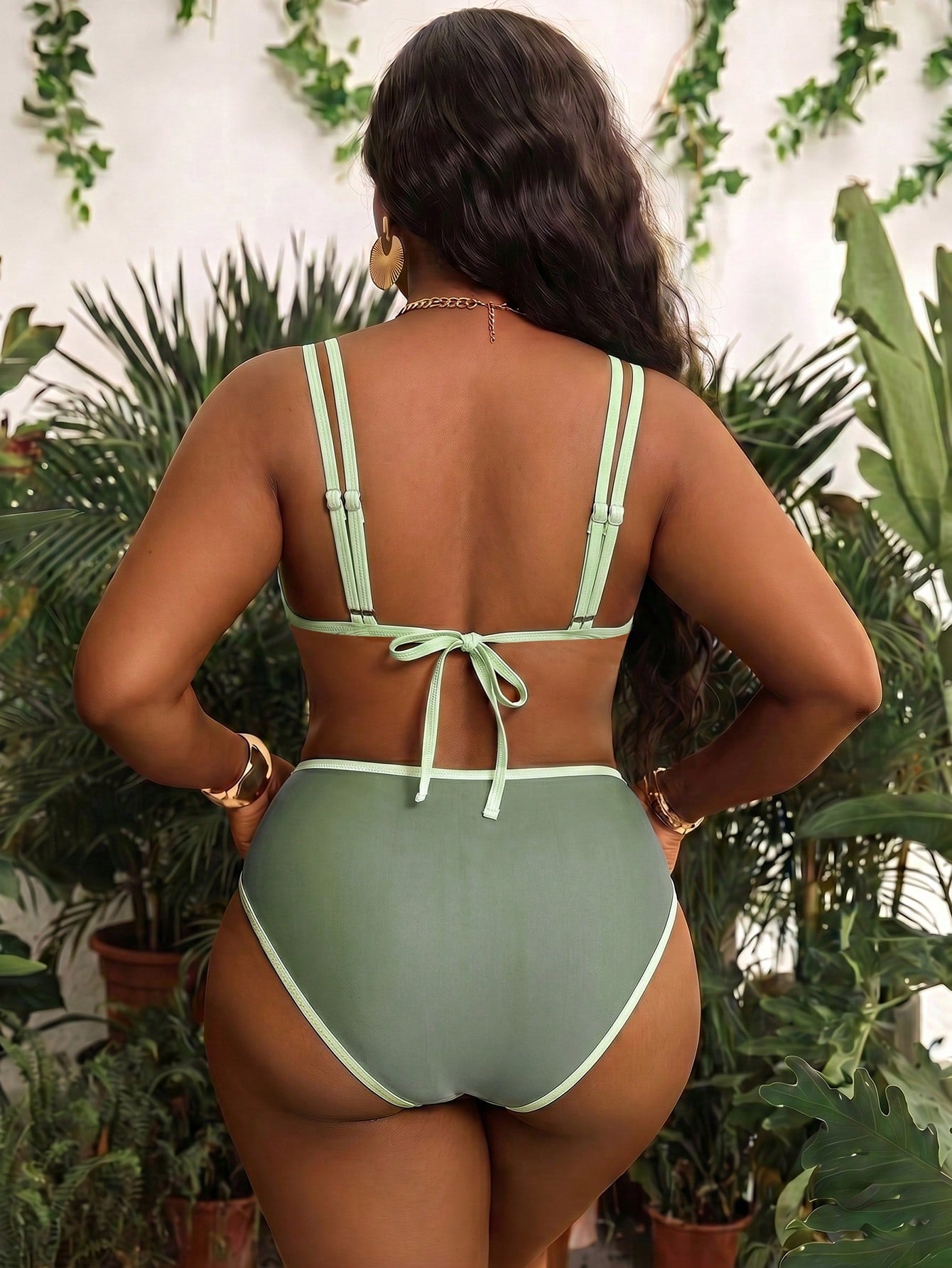 Swim Vcay Plus Size European And American Matcha Green Contrast Color Bikini Set, Basic Triangle Cup Halter Tie Swimwear, Slimming Sexy 2-Piece