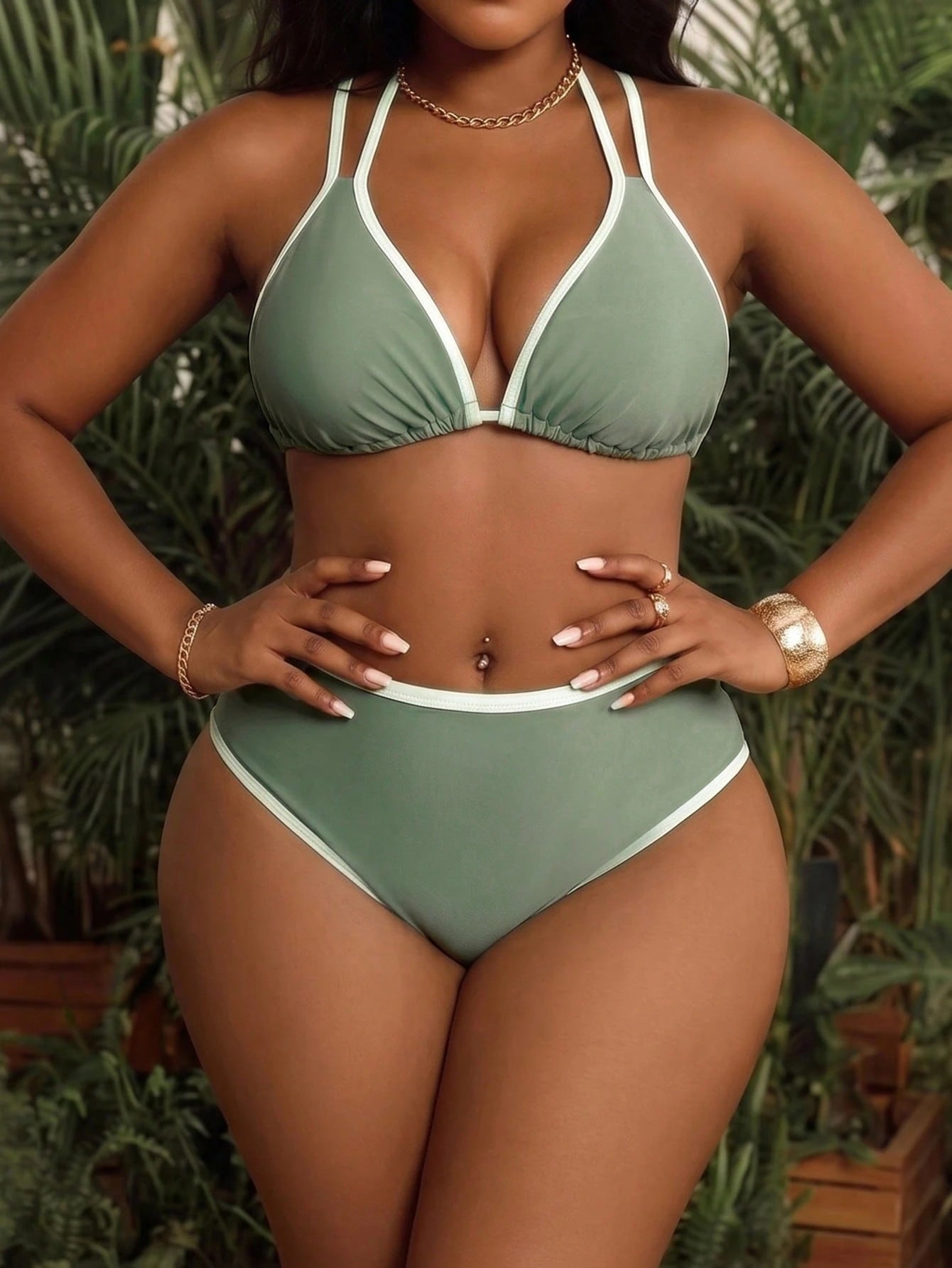 Swim Vcay Plus Size European And American Matcha Green Contrast Color Bikini Set, Basic Triangle Cup Halter Tie Swimwear, Slimming Sexy 2-Piece