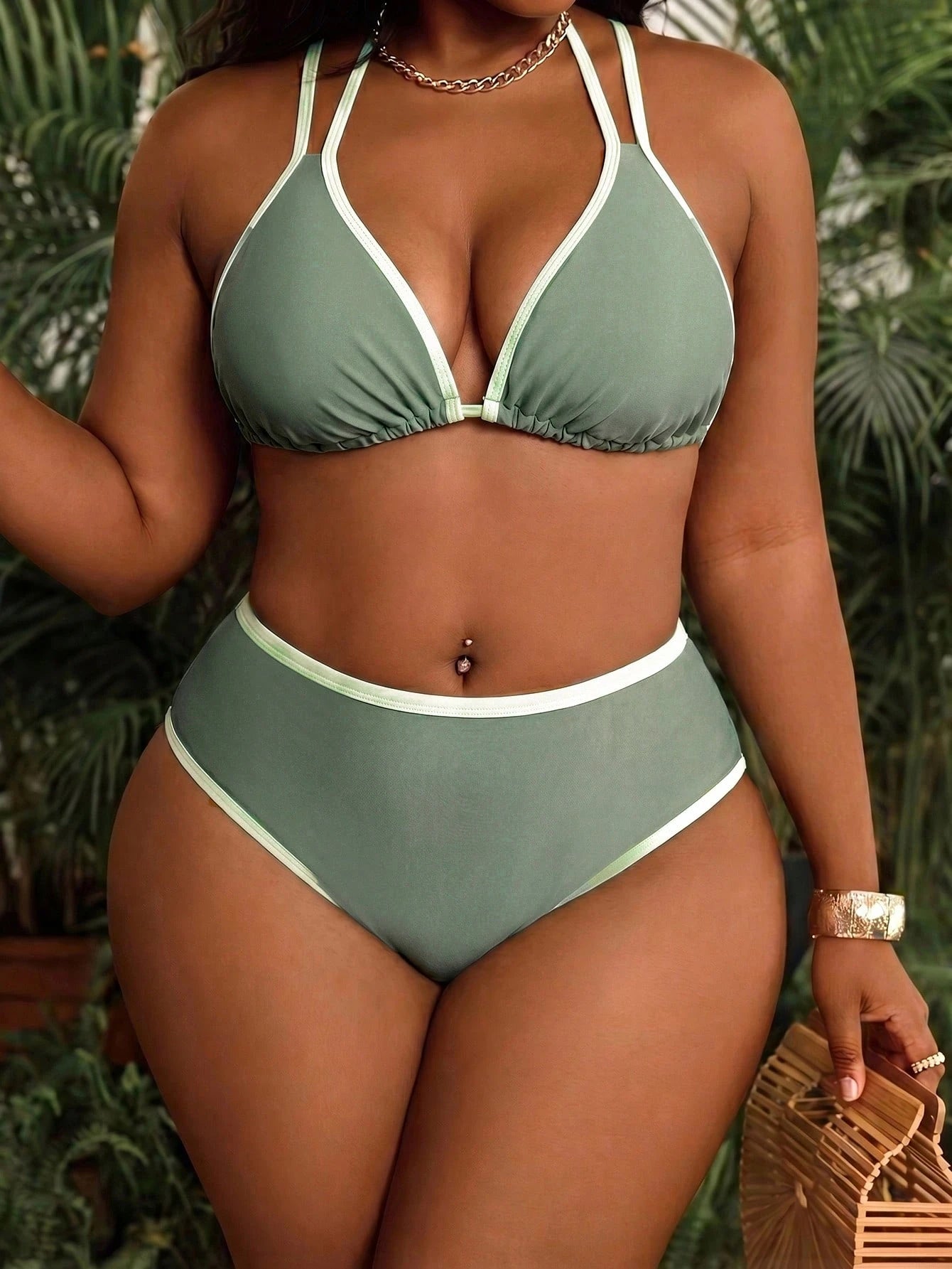 Swim Vcay Plus Size European And American Matcha Green Contrast Color Bikini Set, Basic Triangle Cup Halter Tie Swimwear, Slimming Sexy 2-Piece