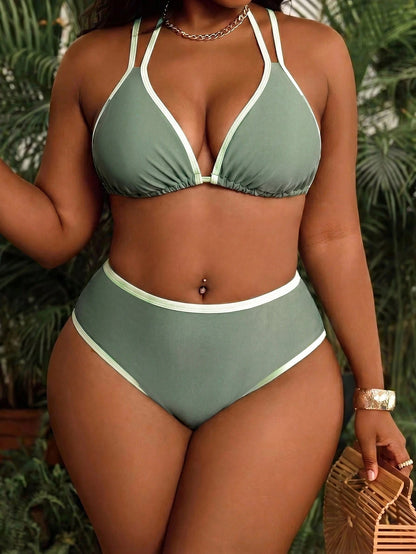 Swim Vcay Plus Size European And American Matcha Green Contrast Color Bikini Set, Basic Triangle Cup Halter Tie Swimwear, Slimming Sexy 2-Piece