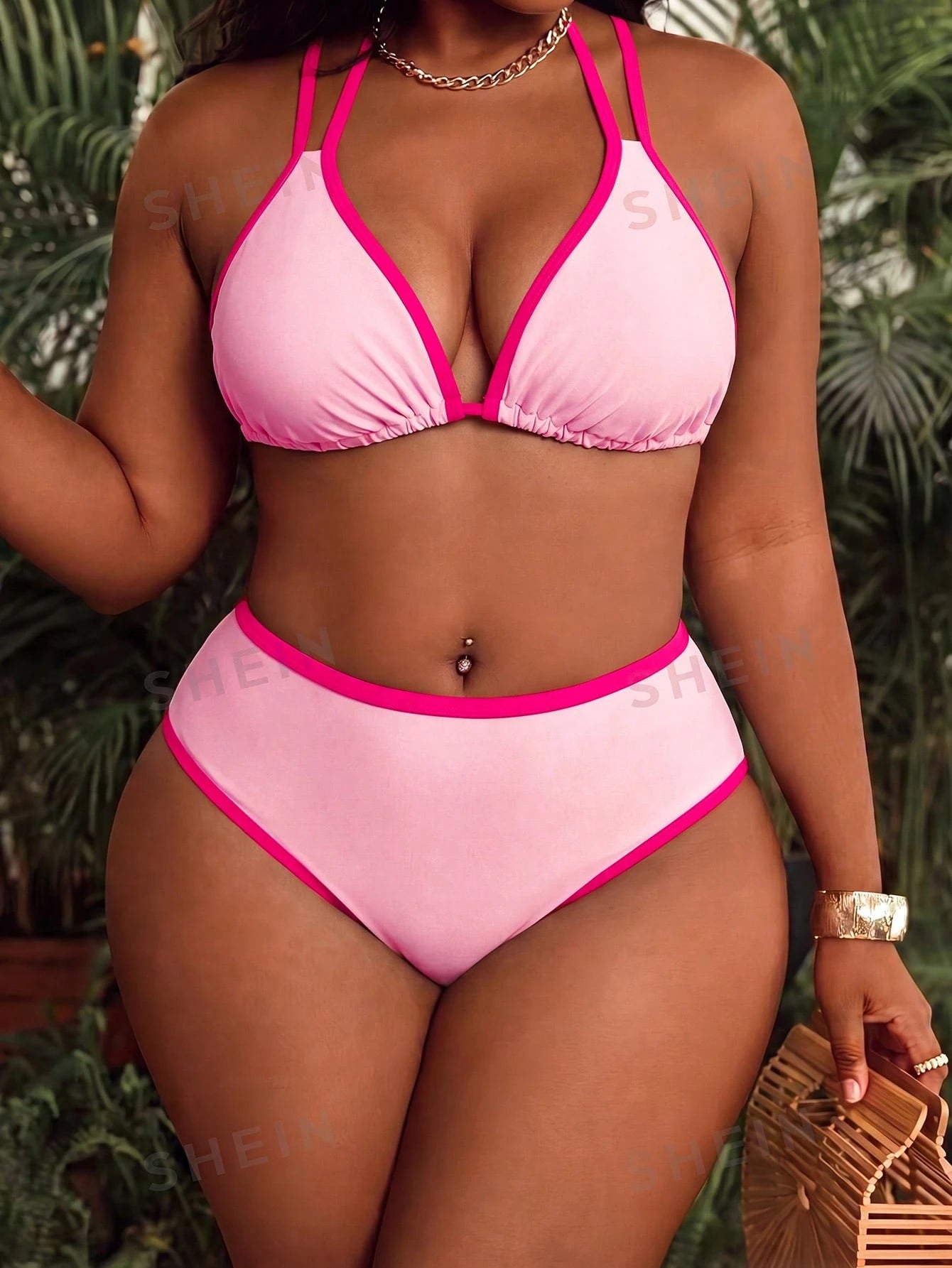 Swim Vcay Plus Size European And American Matcha Green Contrast Color Bikini Set, Basic Triangle Cup Halter Tie Swimwear, Slimming Sexy 2-Piece