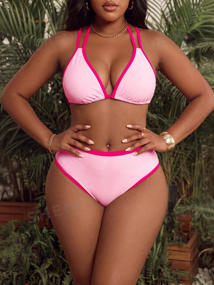 Swim Vcay Plus Size European And American Matcha Green Contrast Color Bikini Set, Basic Triangle Cup Halter Tie Swimwear, Slimming Sexy 2-Piece