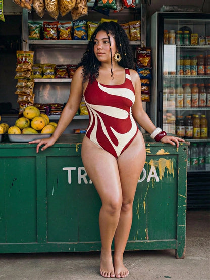 Swim Vcay Plus Size One-Piece Swimsuit Burgundy Abstract Wave Print Retro Square Neck Red White Blue,Summer,Tropical,Beach,Holiday Elegant High-Waisted Swimwear