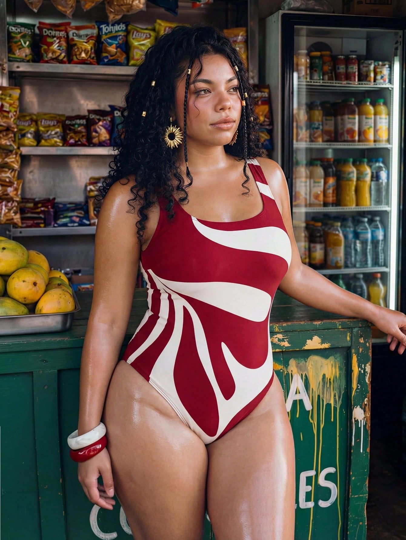Swim Vcay Plus Size One-Piece Swimsuit Burgundy Abstract Wave Print Retro Square Neck Red White Blue,Summer,Tropical,Beach,Holiday Elegant High-Waisted Swimwear