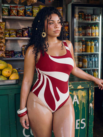 Swim Vcay Plus Size One-Piece Swimsuit Burgundy Abstract Wave Print Retro Square Neck Red White Blue,Summer,Tropical,Beach,Holiday Elegant High-Waisted Swimwear