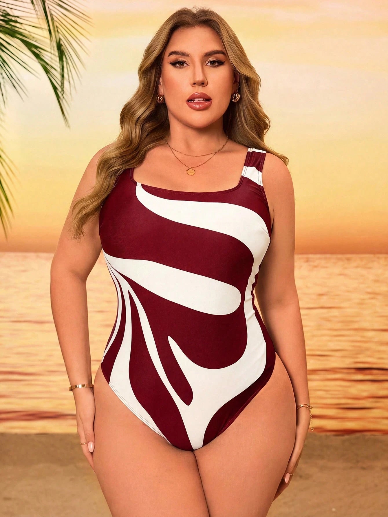 Swim Vcay Plus Size One-Piece Swimsuit Burgundy Abstract Wave Print Retro Square Neck Red White Blue,Summer,Tropical,Beach,Holiday Elegant High-Waisted Swimwear
