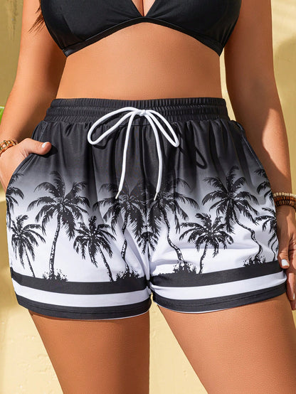 Swim Vcay Plus Size Women Casual Palm Tree Ombre Printed Beach Pants, For Summer Vacation