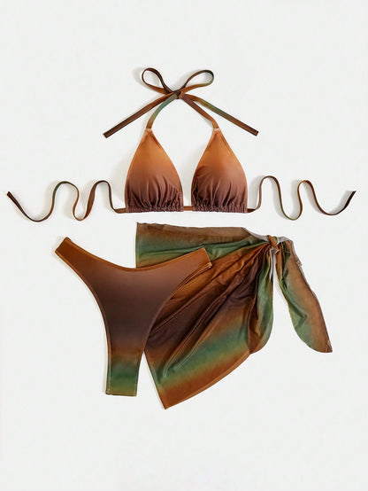 Swim Vcay Plus Size Women's Fashionable Gradient Color Vacation Style Bikini Set, Random Print, Summer Beach