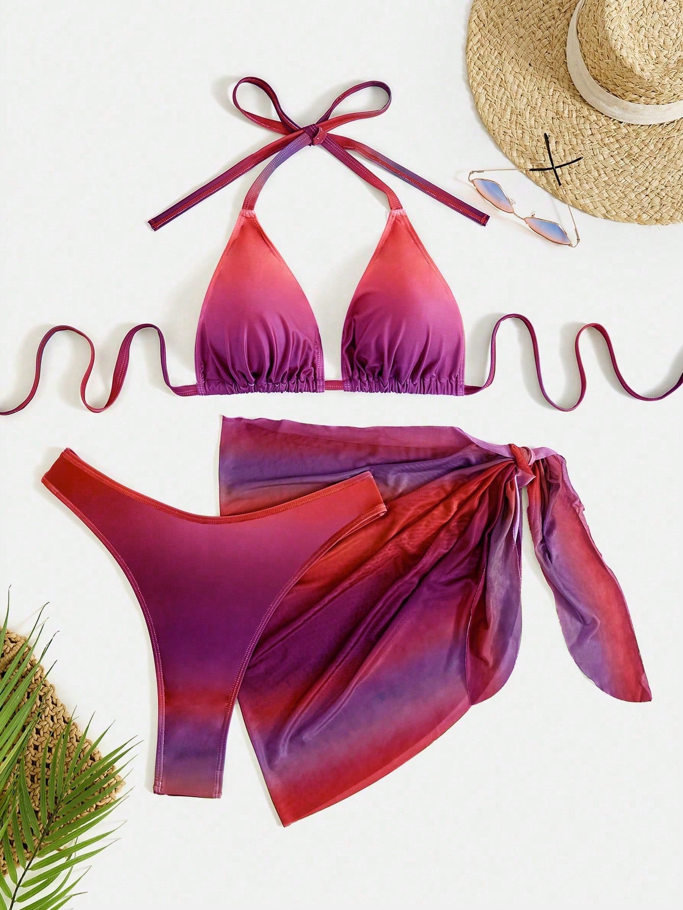 Swim Vcay Plus Size Women's Fashionable Gradient Color Vacation Style Bikini Set, Random Print, Summer Beach