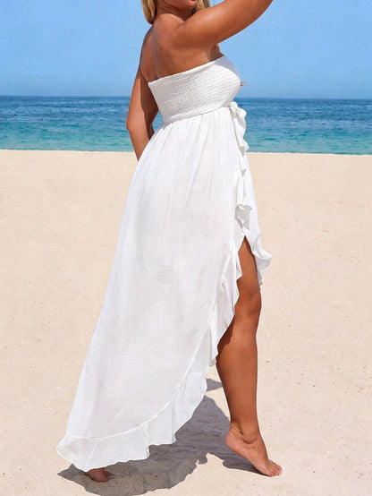 Swim Vcay Plus Size Women's Solid Color Pleated Casual Vacation Cover-Up Strapless Dress