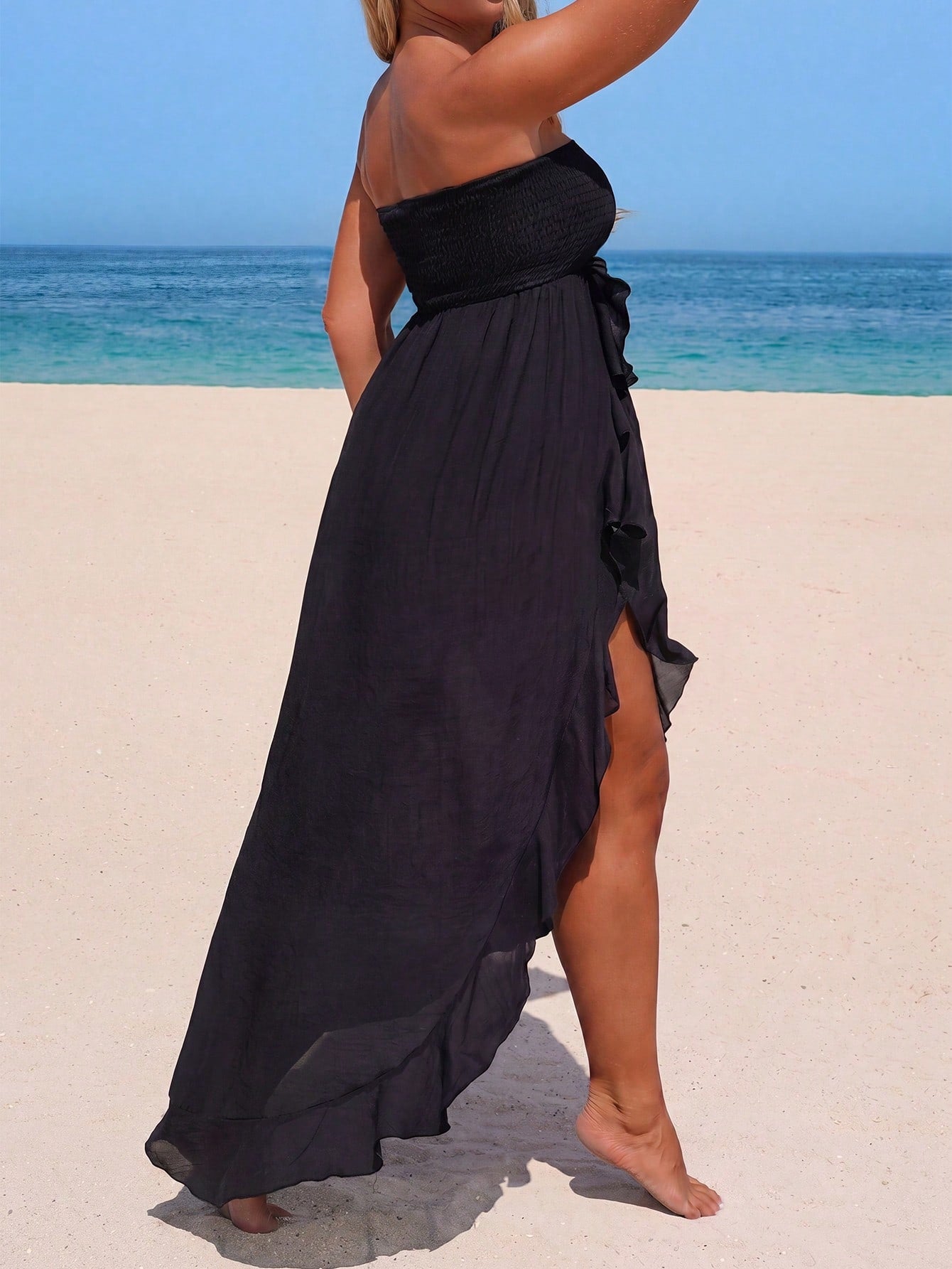 Swim Vcay Plus Size Women's Solid Color Pleated Casual Vacation Cover-Up Strapless Dress